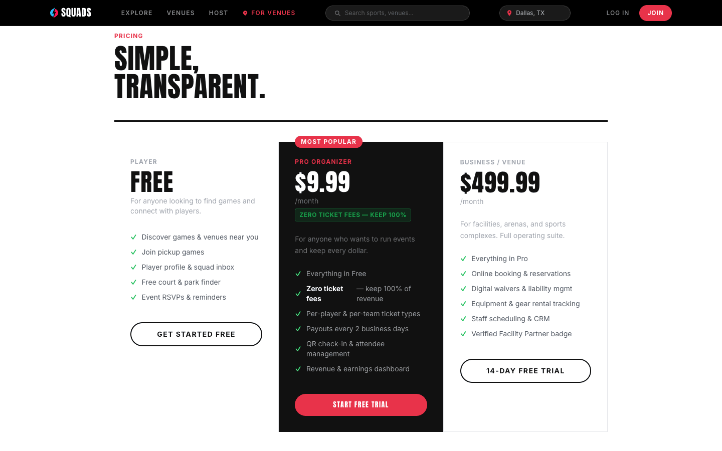 Squads three-tier pricing — Player (Free), Pro Organizer ($9.99/mo), Business ($499.99/mo)