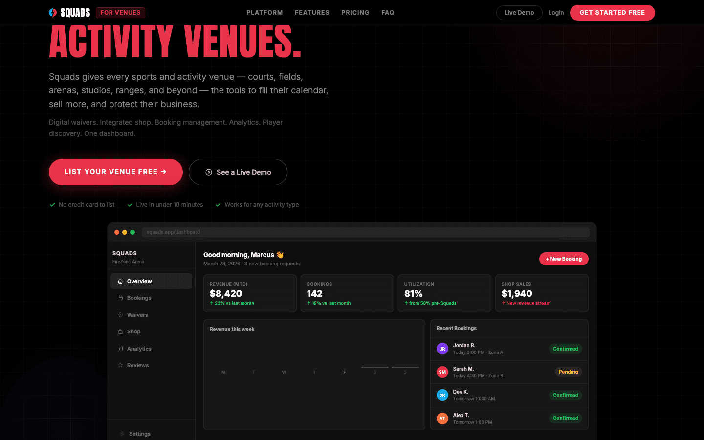 Squads venue dashboard — bookings, revenue, analytics