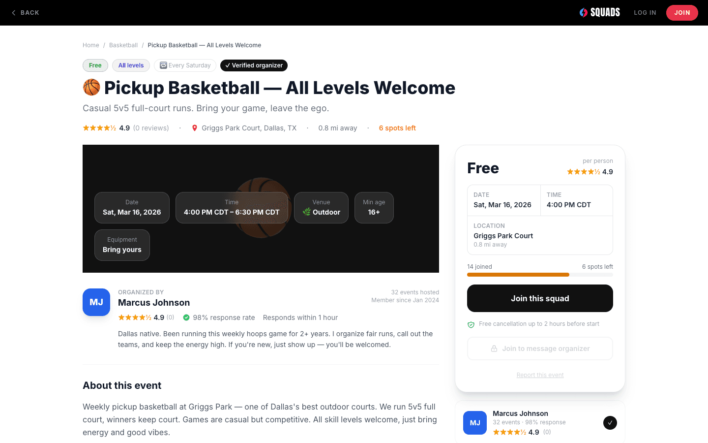 Squads event detail — booking, organizer profile, attendee roster