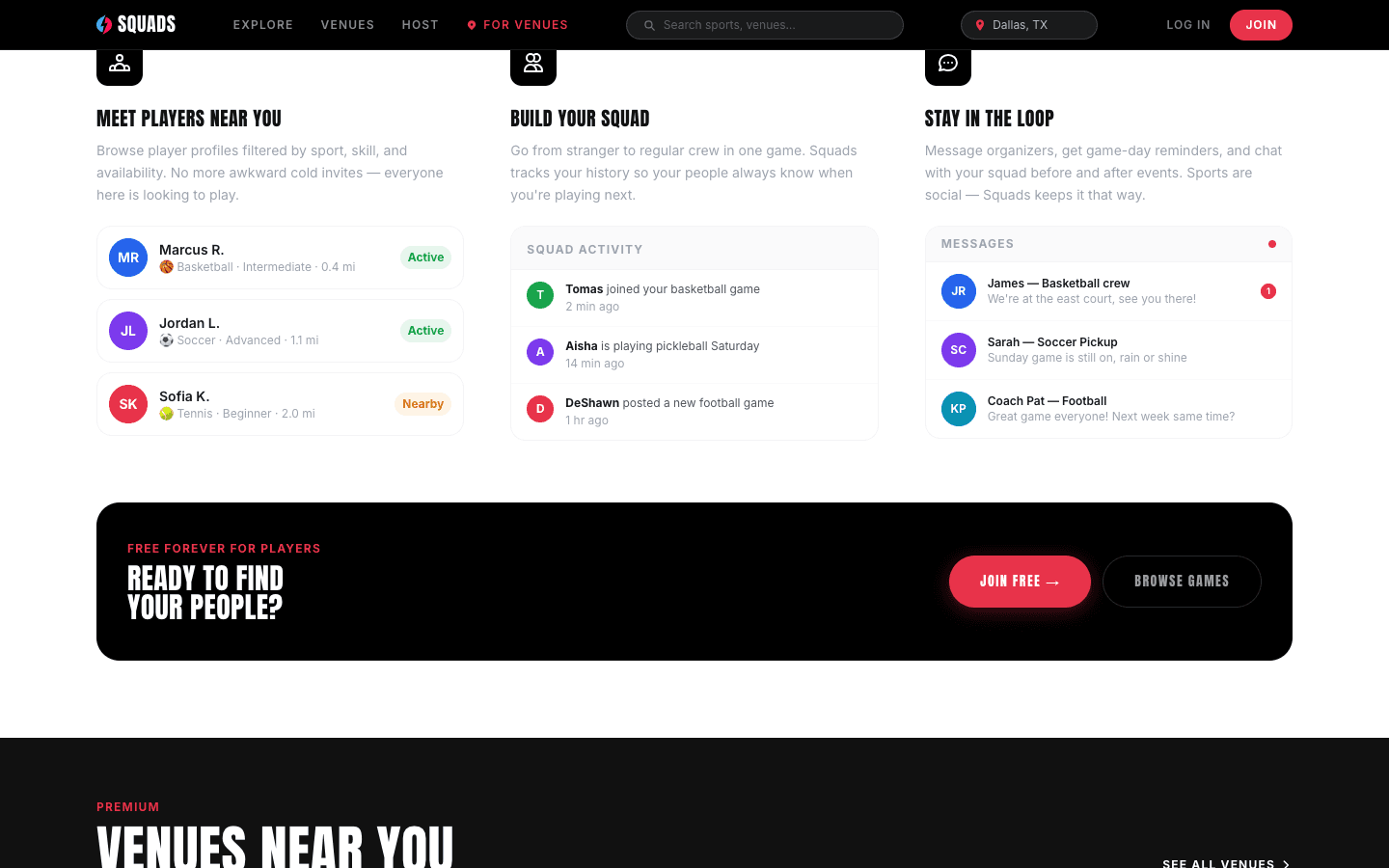 Squads community features — player matching, squad activity, messaging