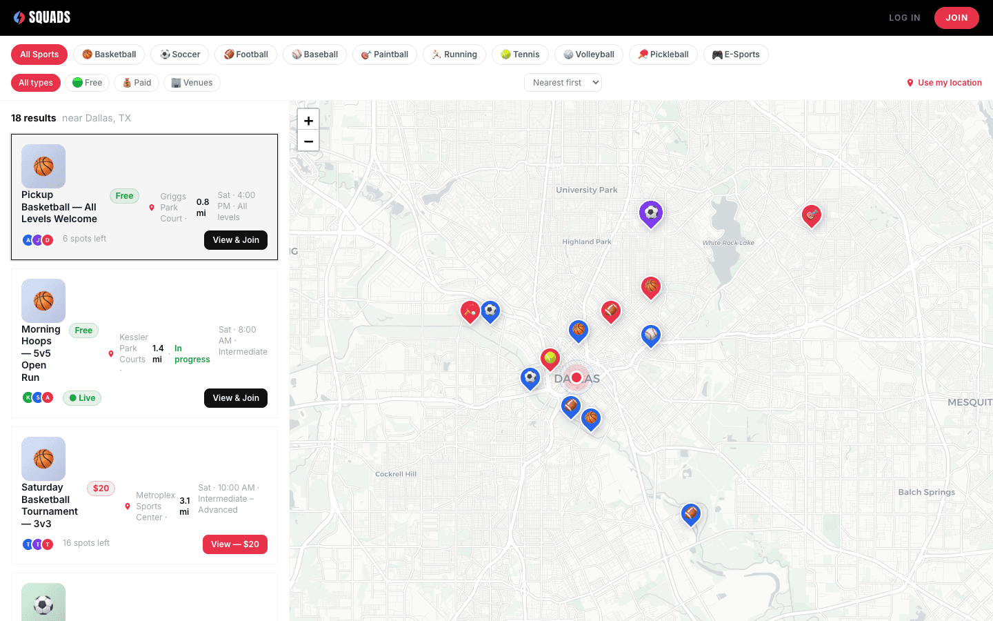 Squads map-based game discovery with sport and location filters