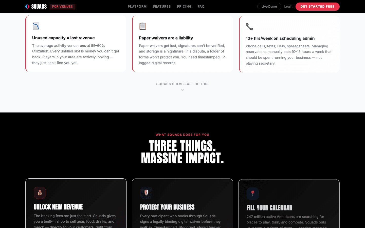 Squads venue pain points — unused capacity, paper waivers, scheduling overhead