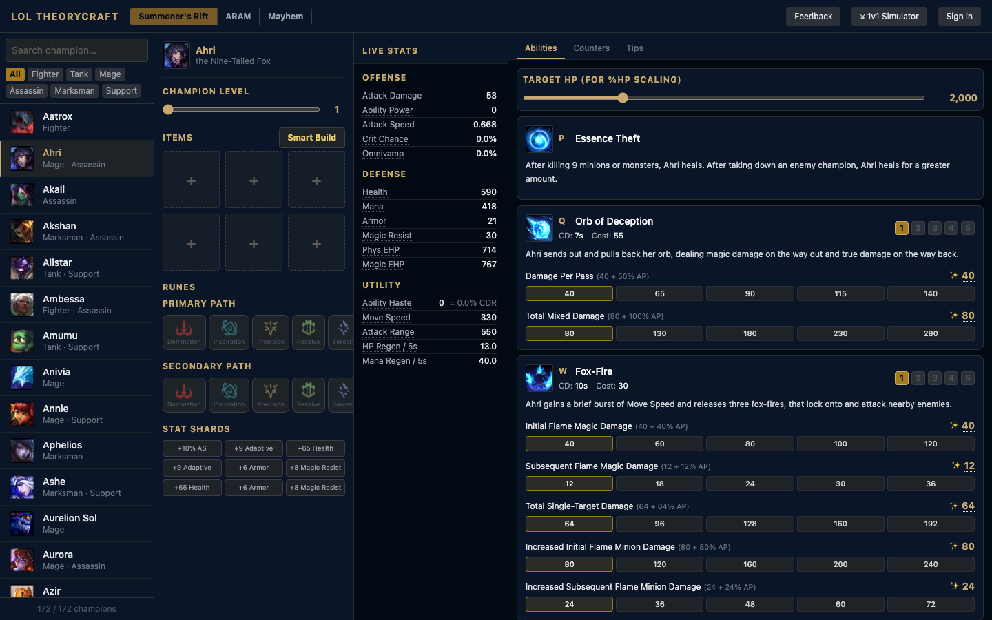 LoL Theorycraft — Ahri ability panel showing live damage calculations for Orb of Deception and Fox-Fire at different AP thresholds