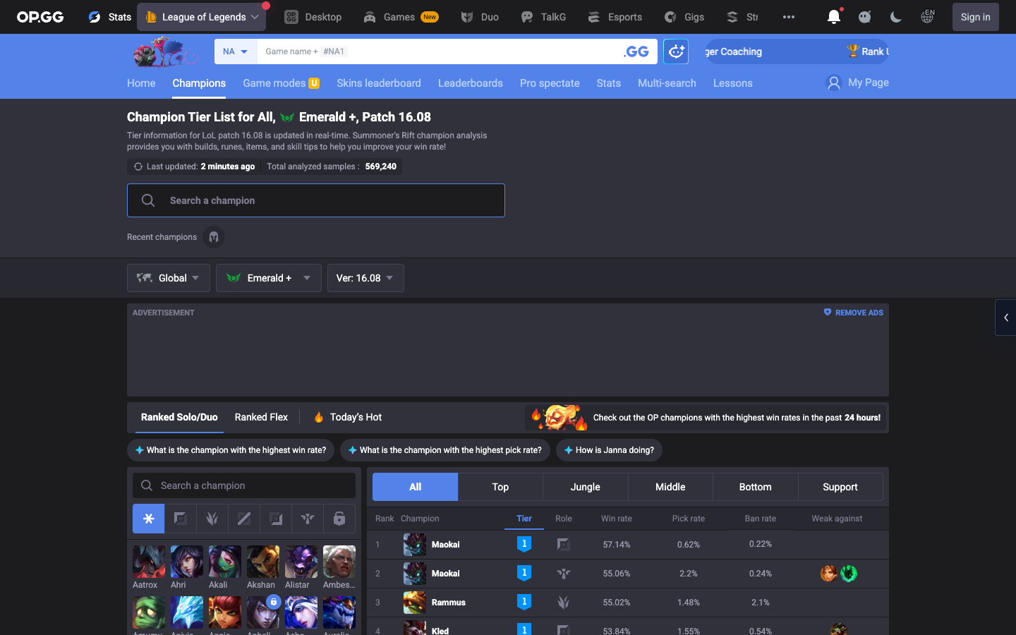 op.gg champion tier list — win rates, pick rates, ban rates ranked by performance