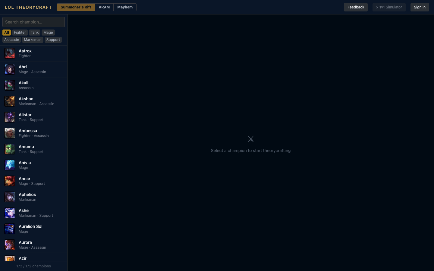 LoL Theorycraft — champion select landing state showing 172 champions with class filters