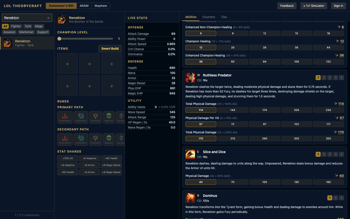 LoL Theorycraft — Renekton ability math showing Ruthless Predator, Slice and Dice, and Dominus damage tables with AD scaling