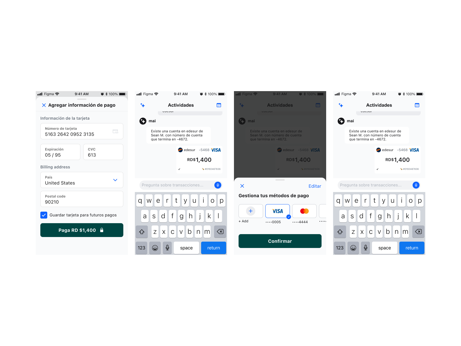 AI chat interface — WhatsApp-familiar layout with payment-specific confirmation patterns