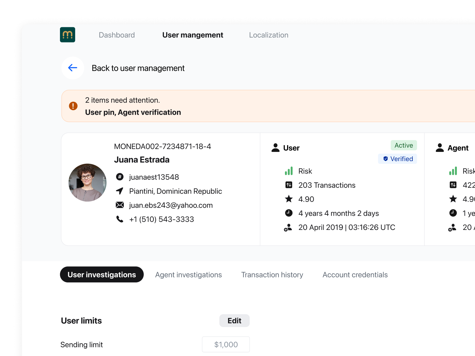User account detail view