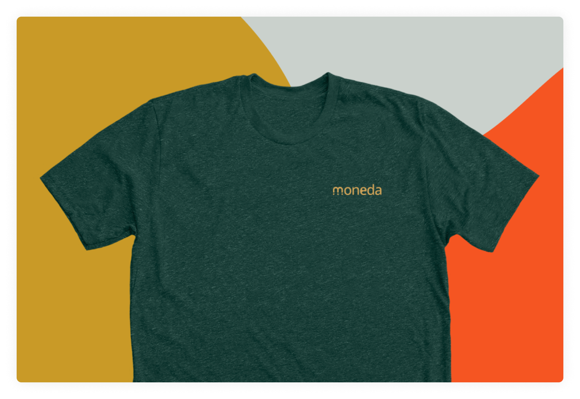 Moneda branded t-shirt — deep green with gold wordmark on color block background