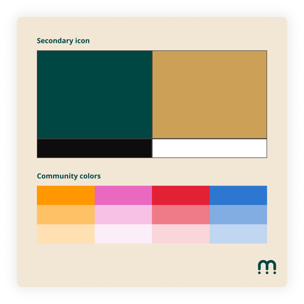 Moneda color palette — deep green, gold, and community colors