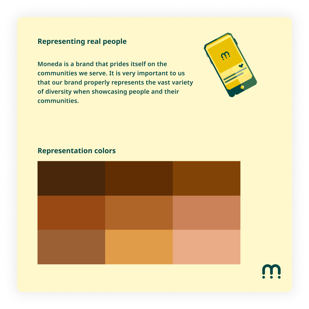 Moneda representation colors — skin tone range for community imagery