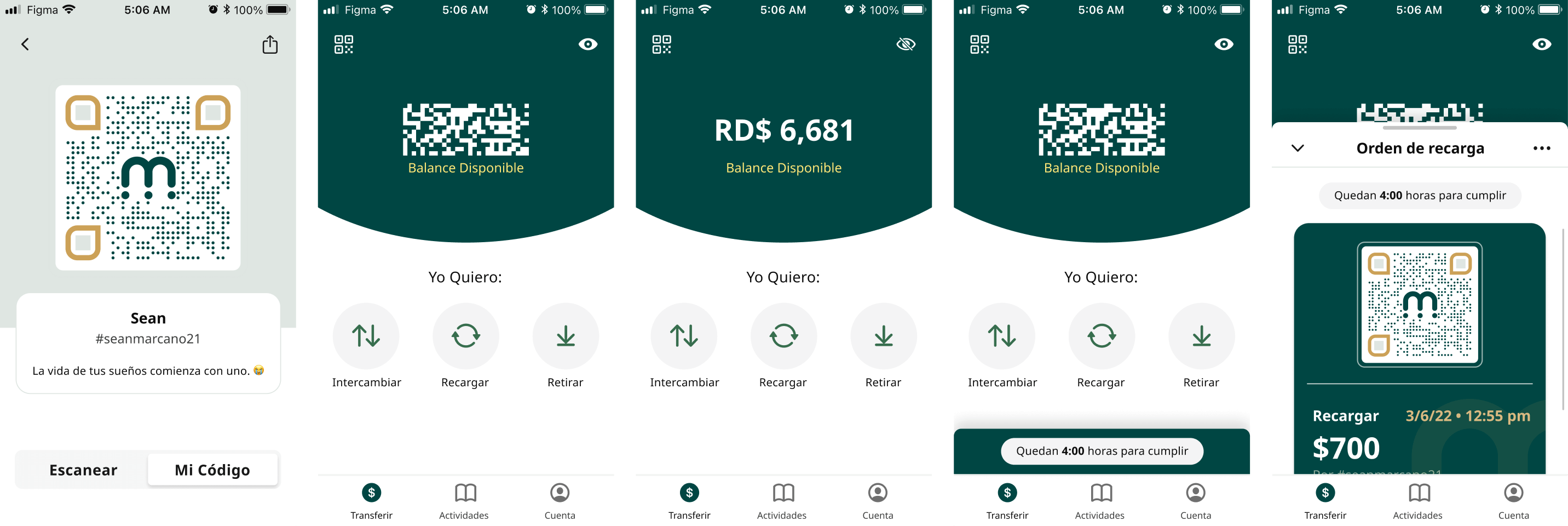 Moneda 1.0 navigation — QR-primary circular action buttons replacing a traditional tab bar