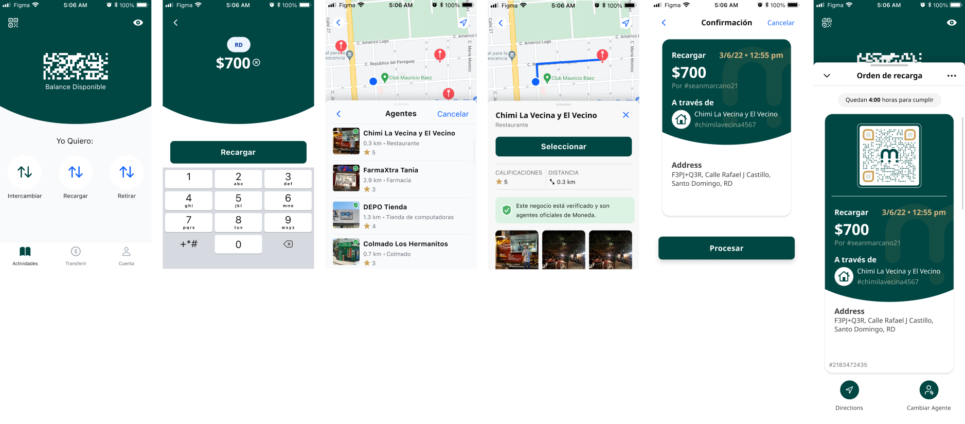 Moneda full product flow — dashboard to agent selection, confirmation, and QR order ticket