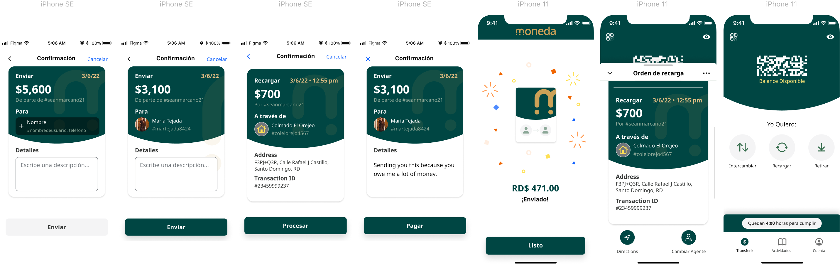Moneda green circle — dynamic visual cue traveling through the user experience