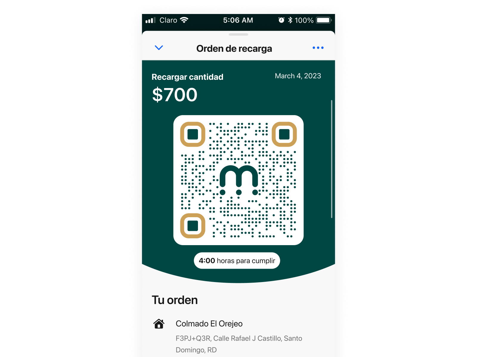 Moneda QR ticket stub — order amount, 4-hour countdown, and agent address