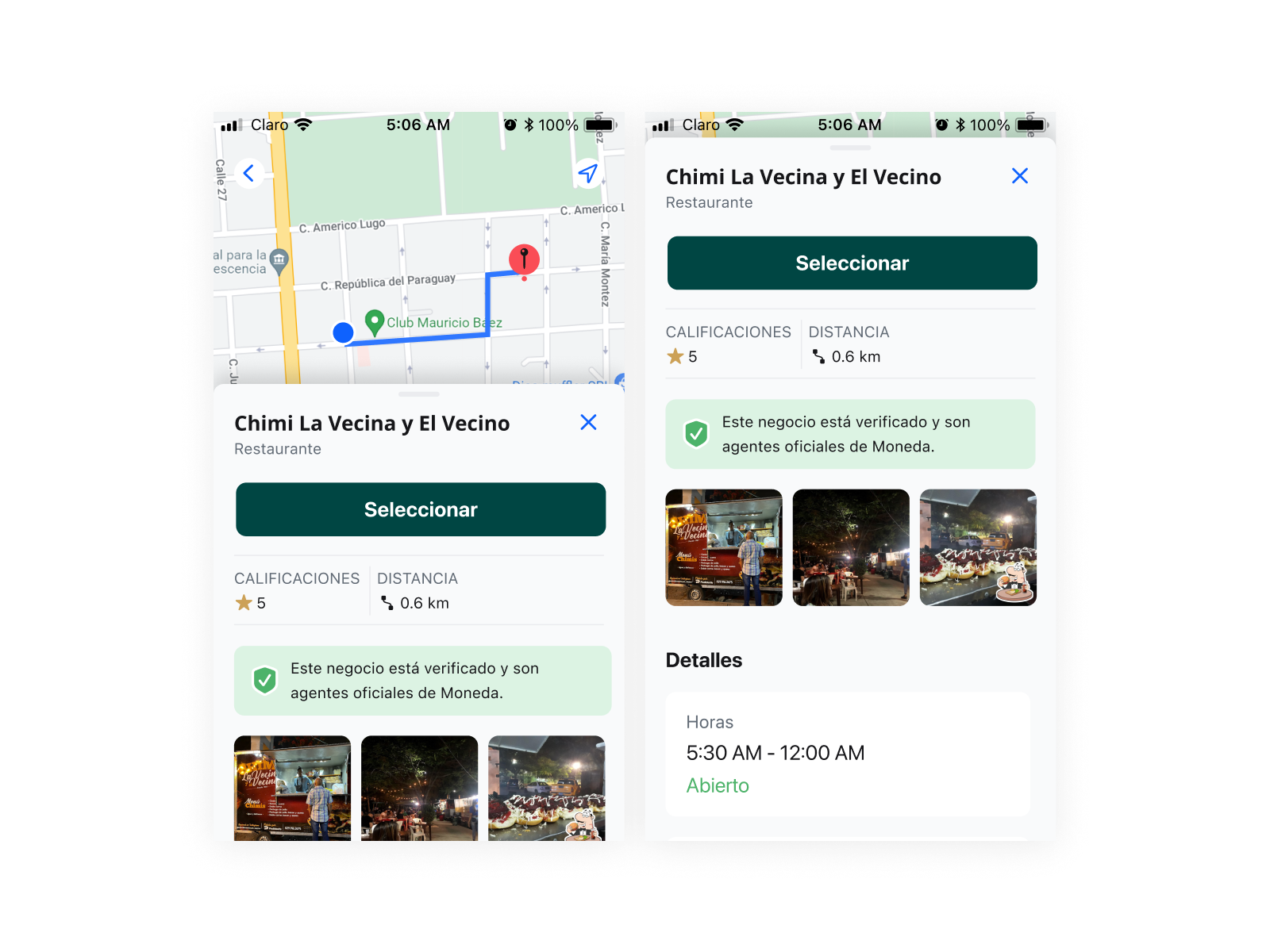 Moneda agent discovery — map view showing nearby verified agents with ratings, distance, and hours