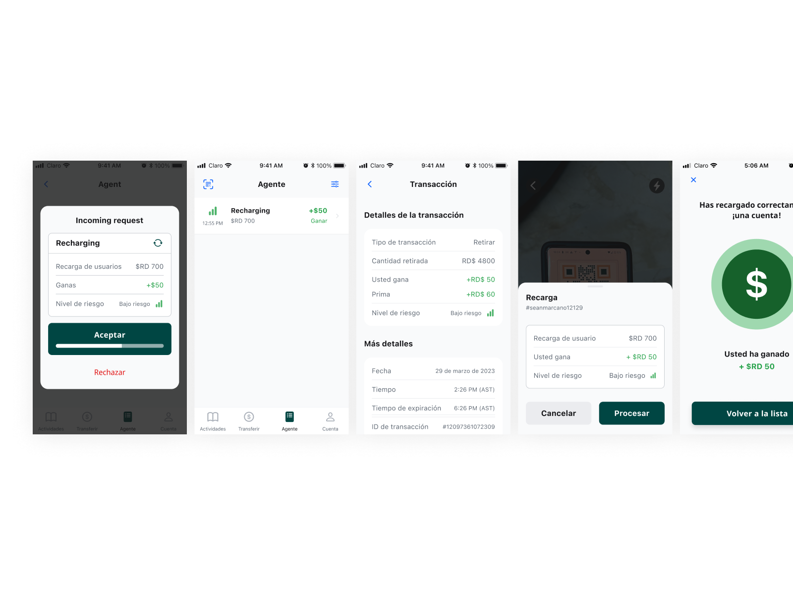 Moneda agent-side flow — incoming request, transaction details, processing, and success confirmation