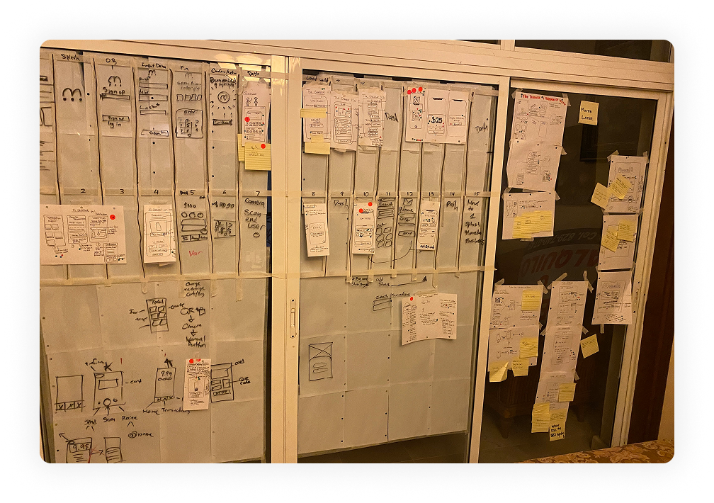Full sprint wall — wireframes, storyboards, and sticky notes from two design sprints
