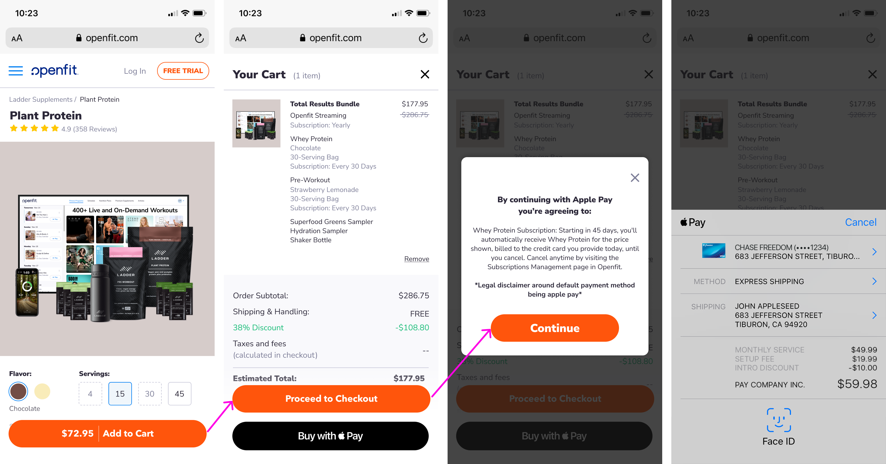 Variant 1 — Apple Pay in cart, single-tap checkout flow