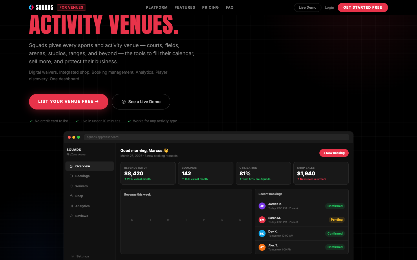 Squads venue dashboard — bookings, revenue, analytics