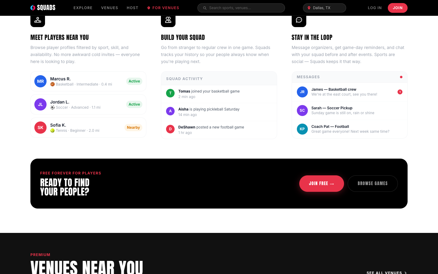 Squads community features — player matching, squad activity, messaging