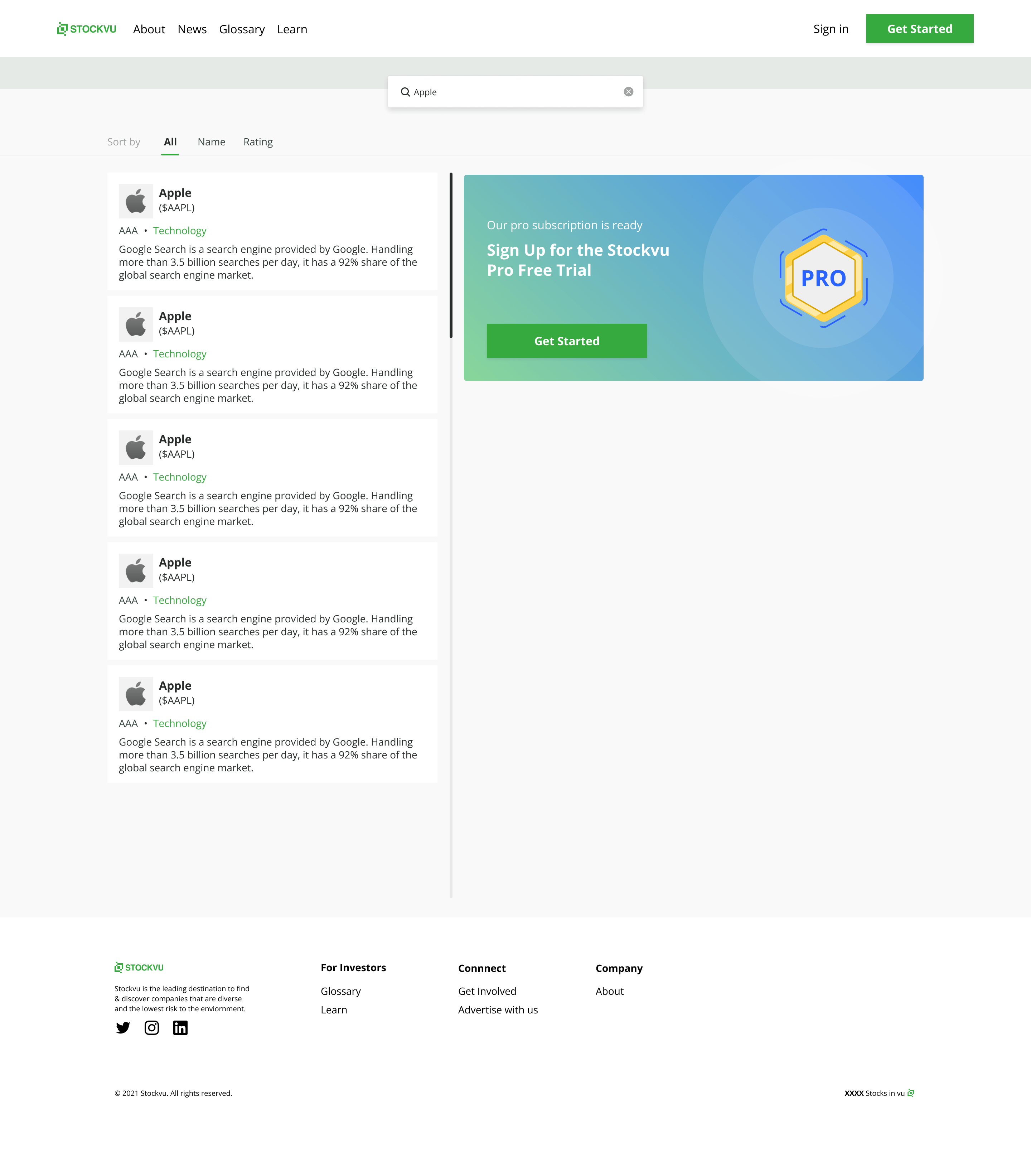Stockvu stock detail view — company information and learning modules