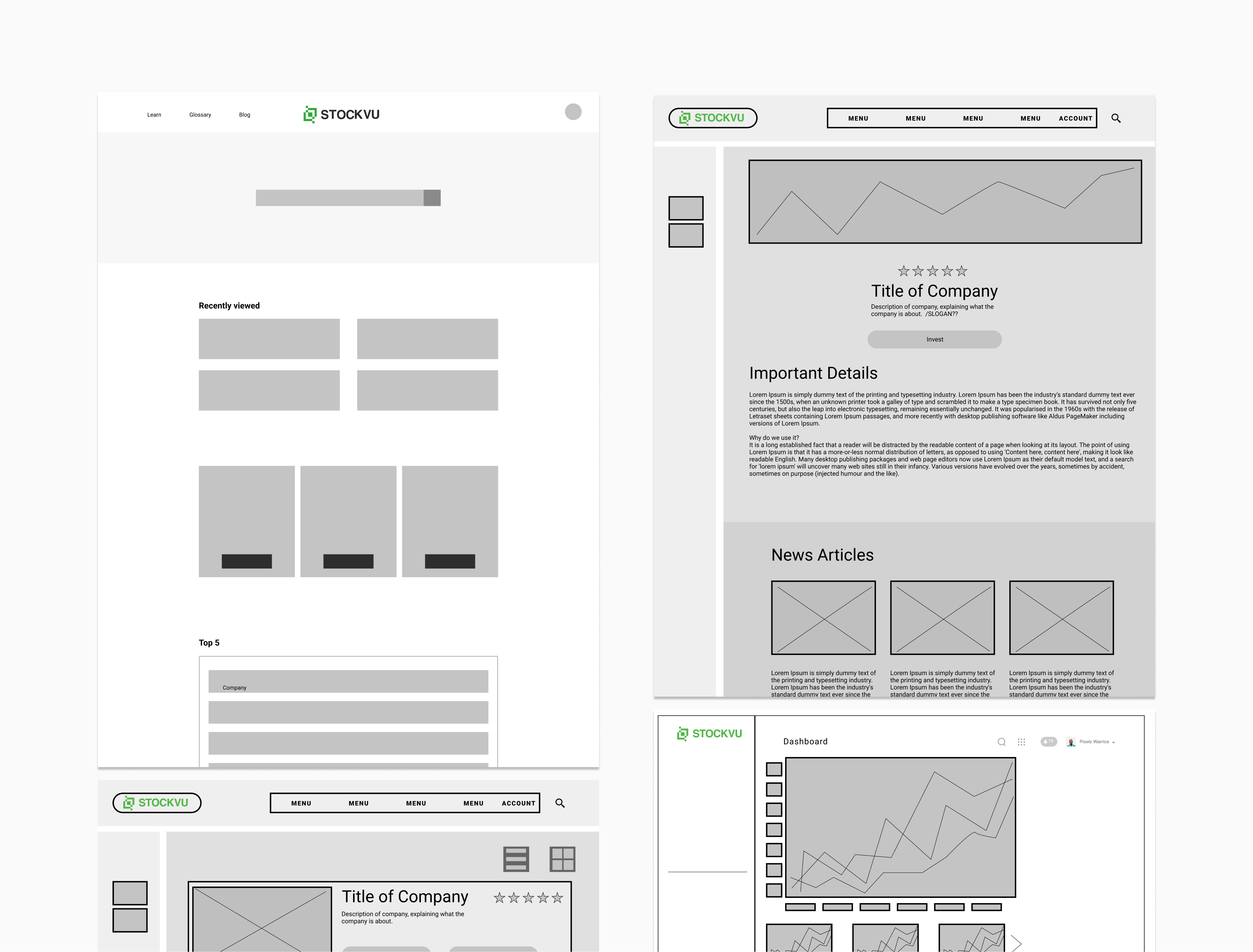 Stockvu wireframes phase 2 — refined wireframes moving toward visual design