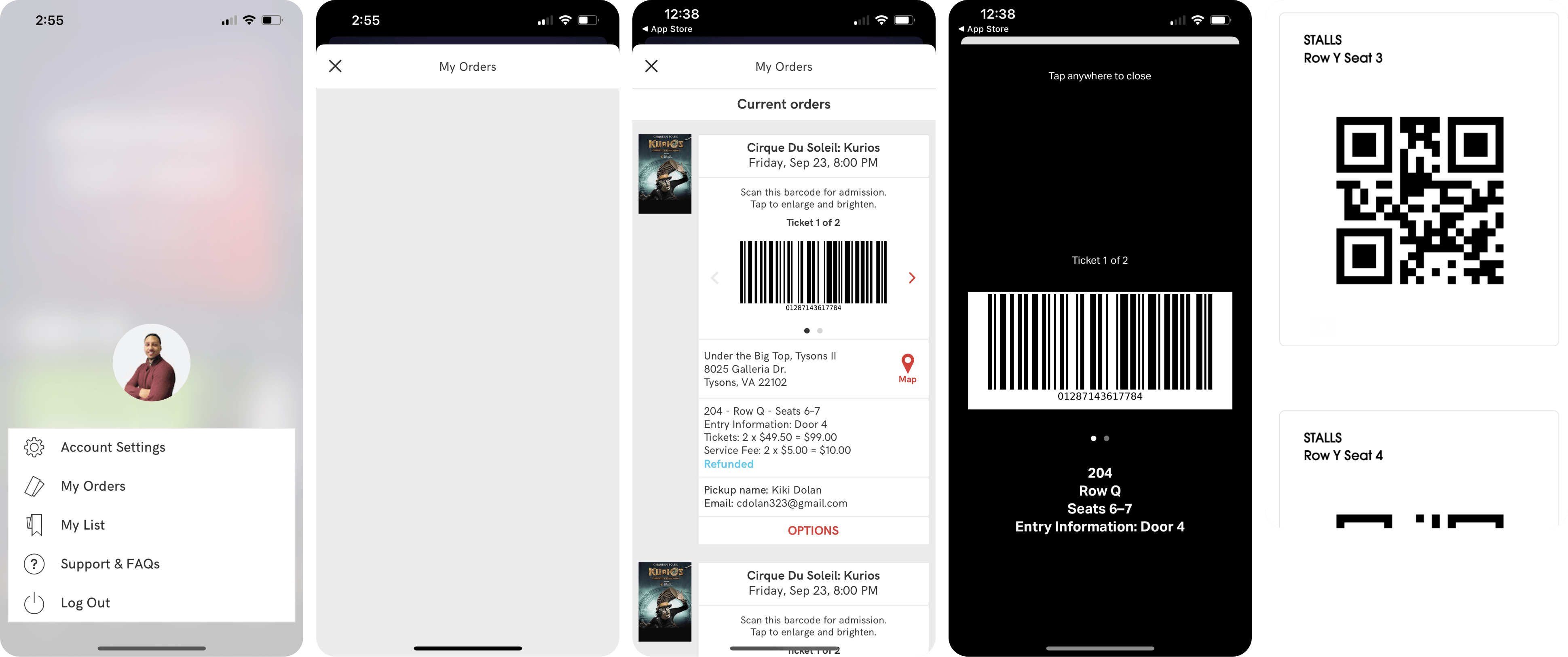 Legacy My Orders feature — buried in the account menu, minimal ticket status information