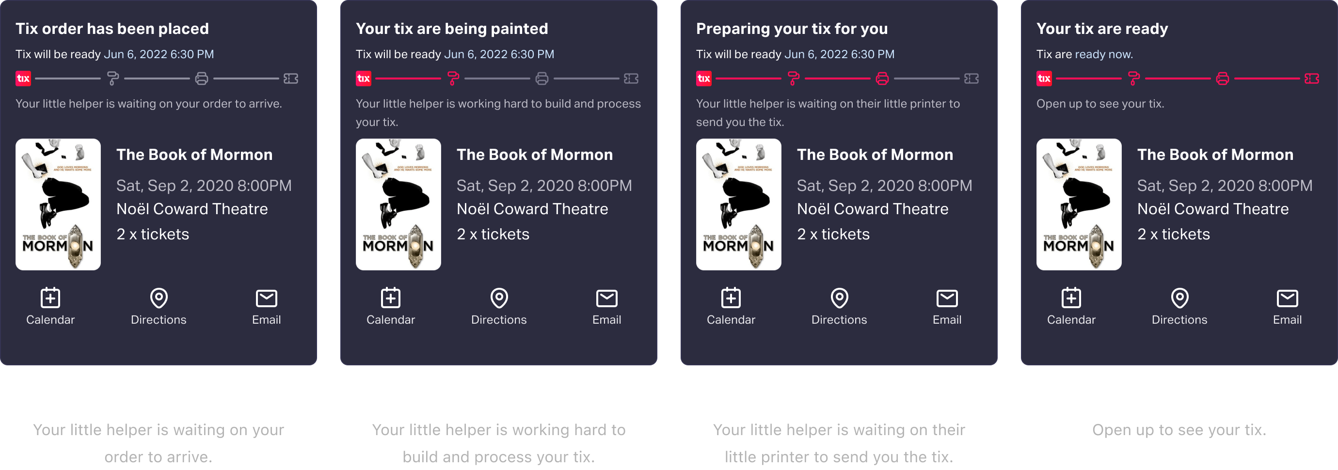 Ticket progress module states — all status stages from purchase to ready-to-scan