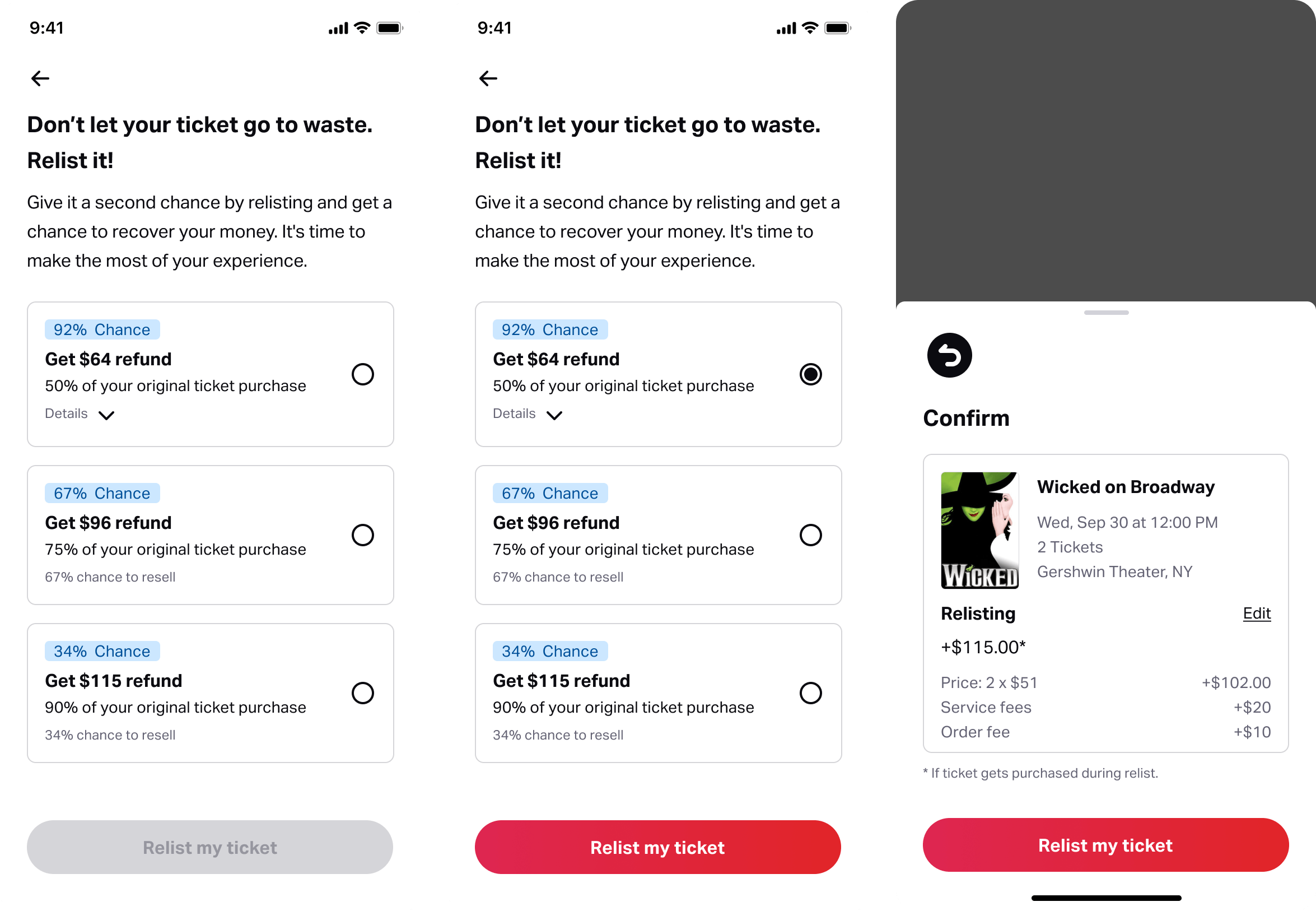 Higher fidelity explorations — branded relisting experience across white-label TodayTix brands