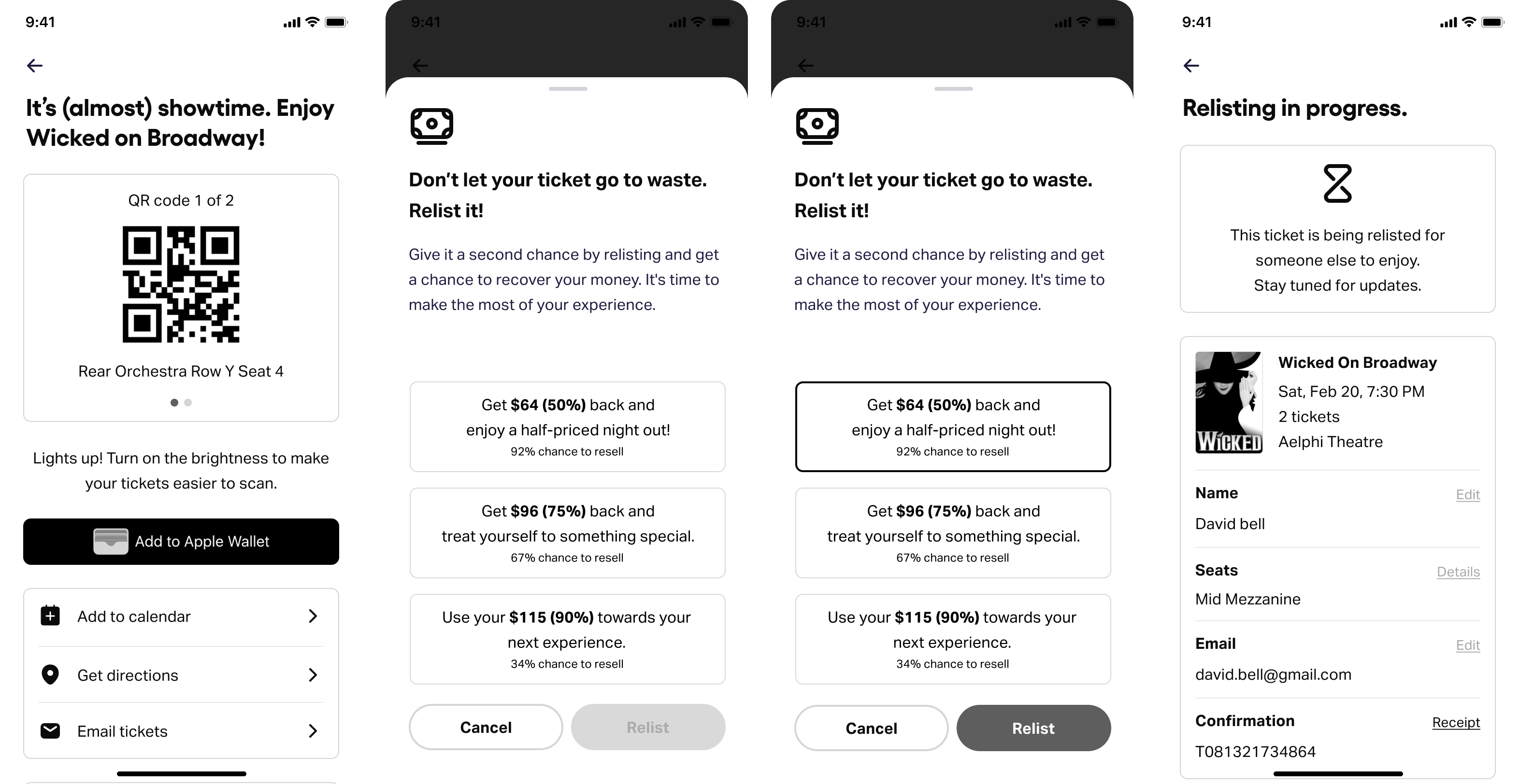 Initial wireframe explorations — multiple approaches to the relisting entry point and listing flow