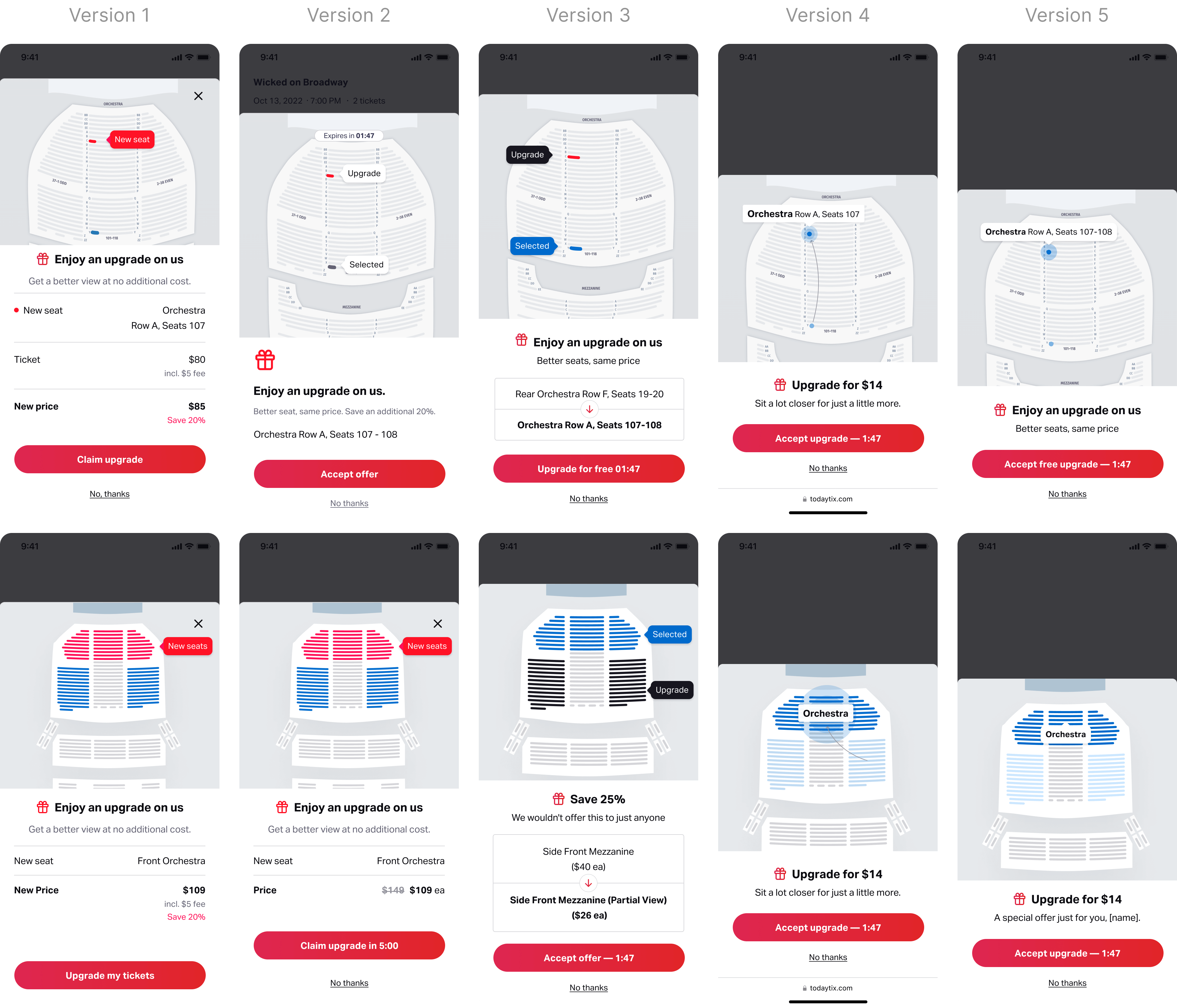Reserved Offers early design explorations — multiple approaches to surfacing the discount offer