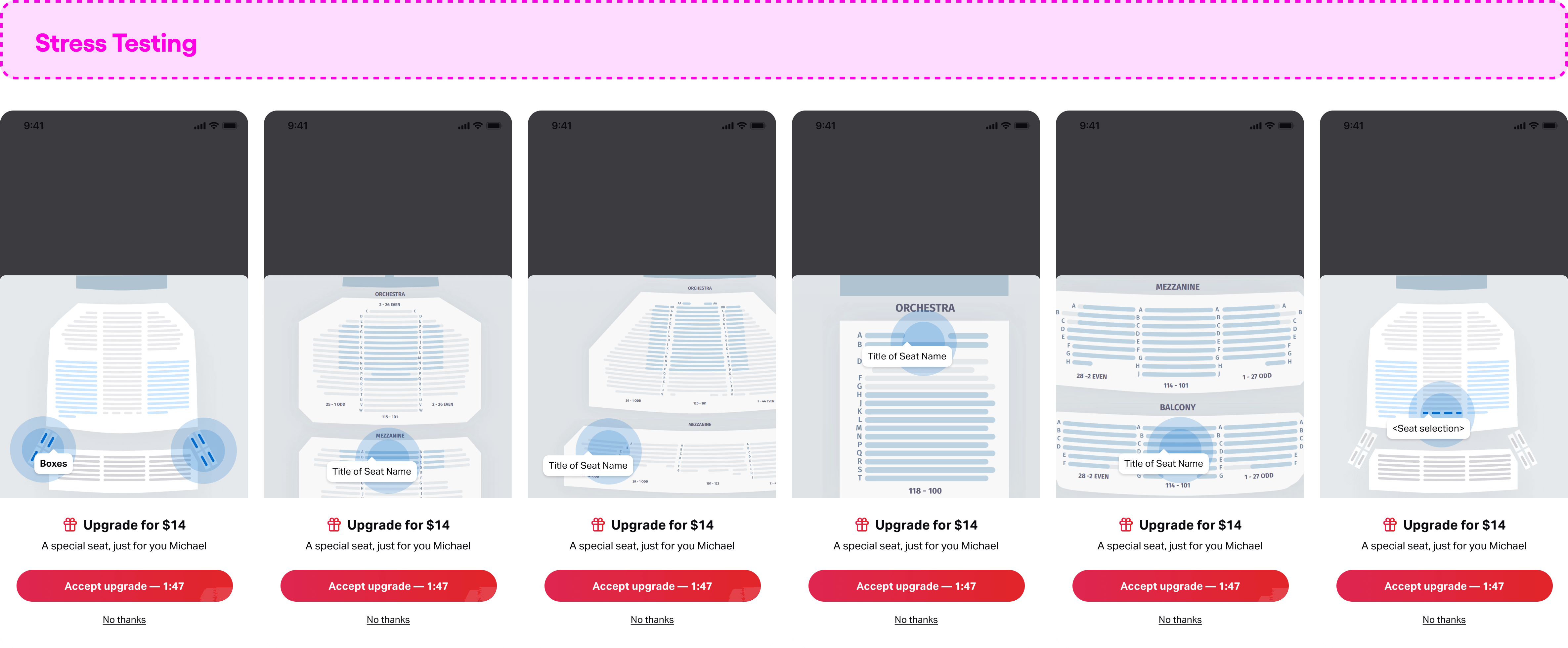 Reserved Offers stress testing — checking the design across edge cases and venue map variations